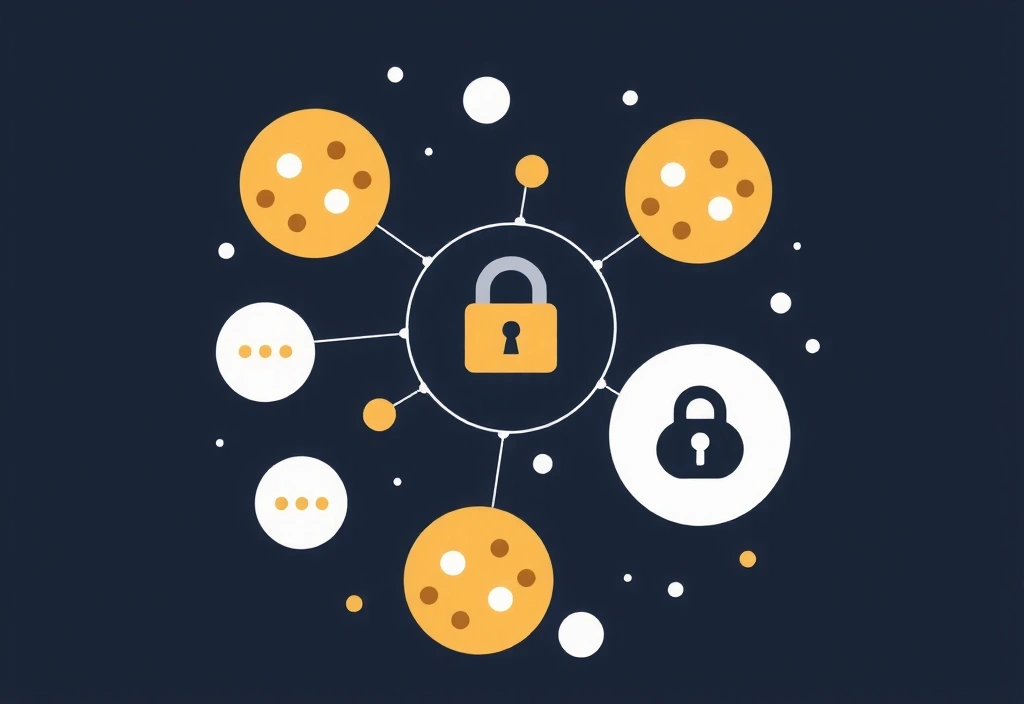 Ilustrație abstractă cu simboluri de cookie-uri și confidențialitate digitală