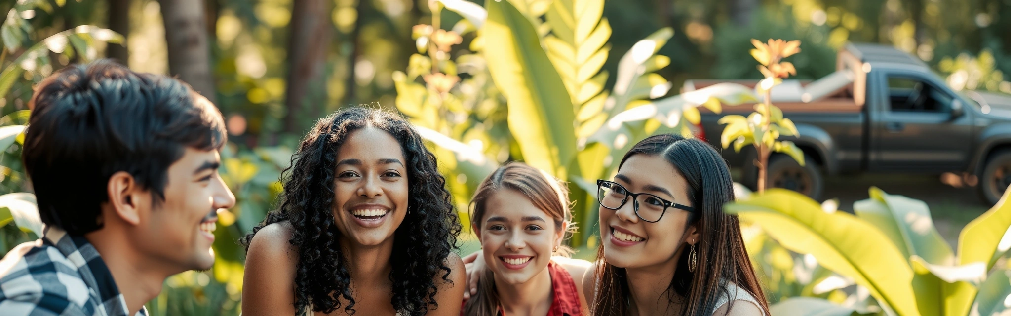 Grup de oameni zâmbitori și sănătoși într-un mediu natural, cu o lumină caldă a soarelui, simbolizând bunăstarea și comunitatea vibrantă.