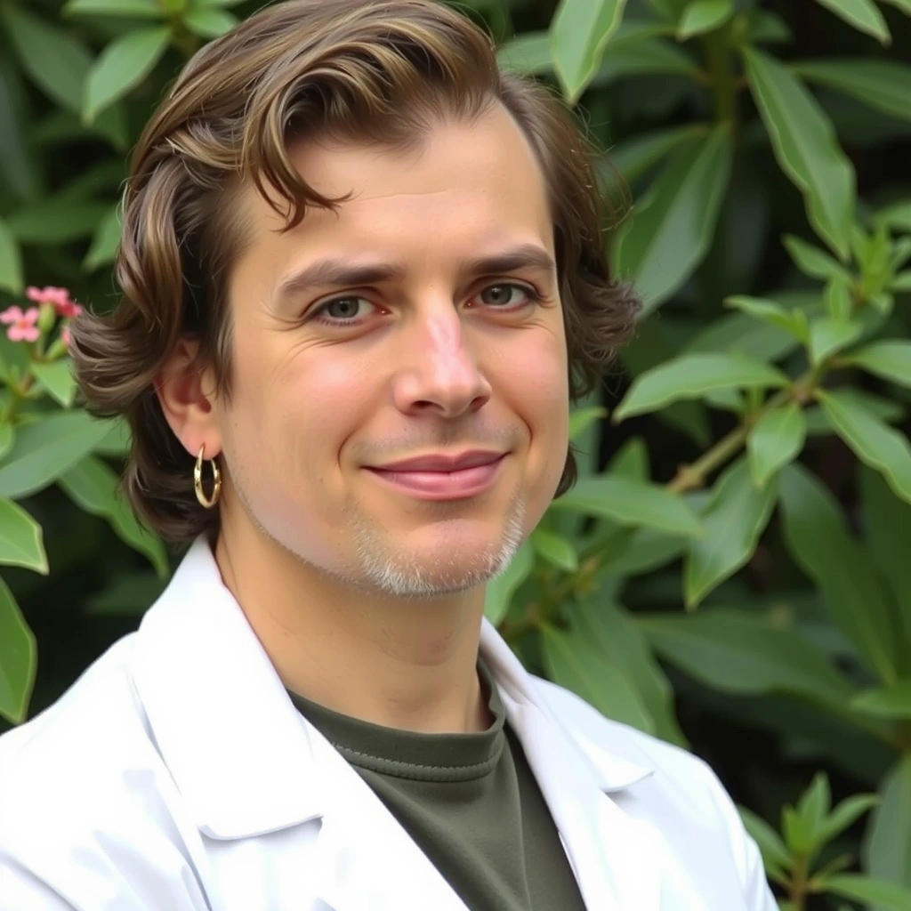 Portretul unui expert în fitoterapie, cu un fundal verde natural, sugerând conexiunea cu plantele medicinale.