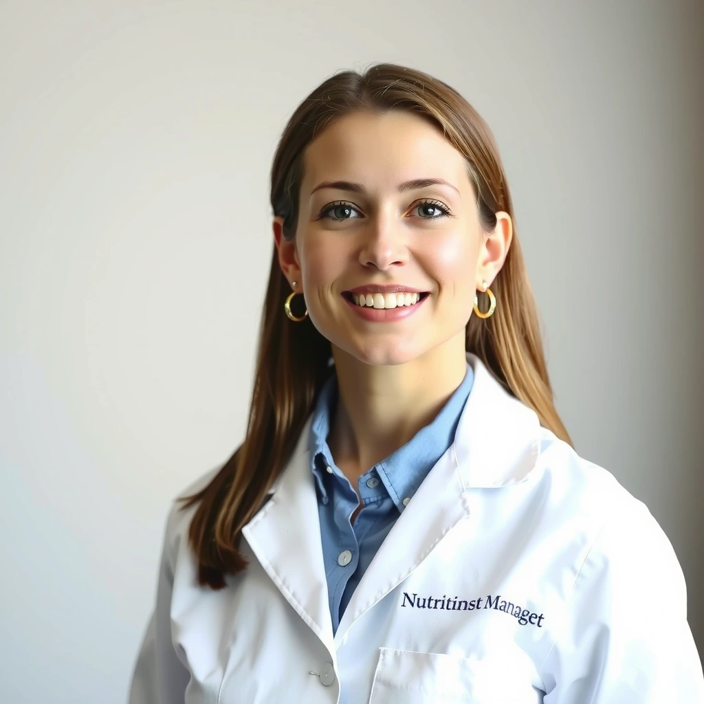 Portretul unui nutriționist zâmbitor, cu un fundal neutru și luminos.