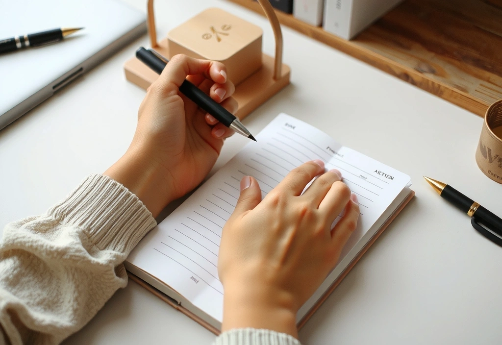 O mână care scrie într-un jurnal, simbolizând auto-reflecția și planificarea sănătății.