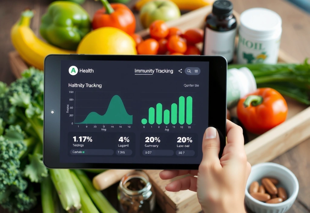 O mână care ține o tabletă cu grafice de sănătate, în fundal alimente sănătoase, reprezentând monitorizarea și îmbunătățirea imunității.