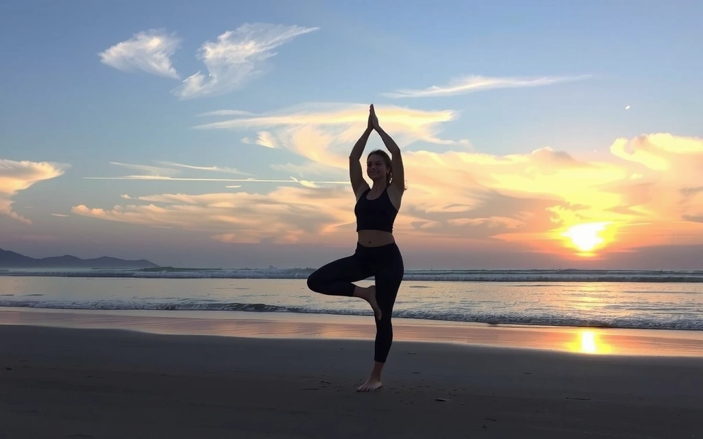 O persoană practică yoga la răsăritul soarelui pe o plajă, simbolizând echilibrul și energia obținute prin mișcare.