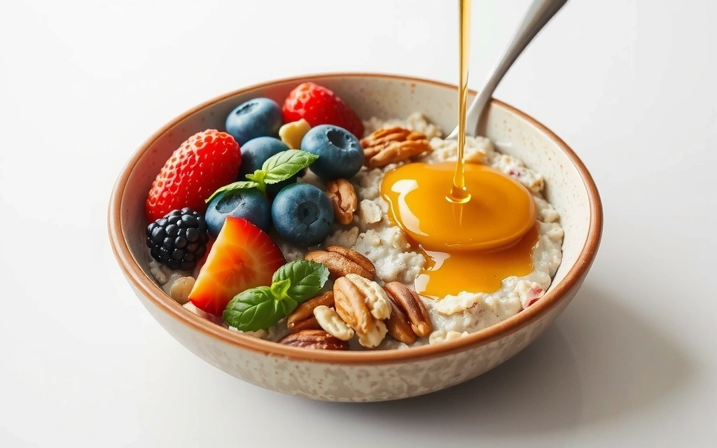 O farfurie plină cu alimente sănătoase, cum ar fi ovăz, fructe de pădure și nuci, ilustrând o masă energizantă.