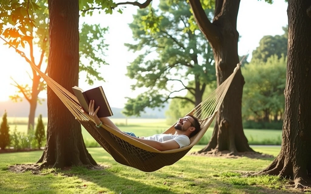 O persoană citește o carte într-un hamac, într-o grădină liniștită, ilustrând relaxarea și regenerarea.