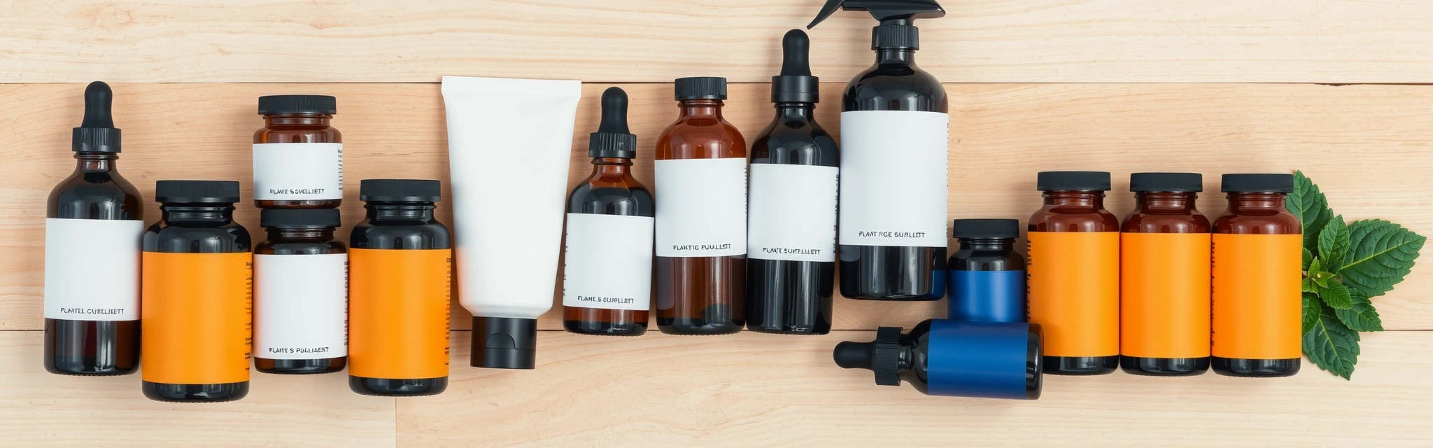 Diverse flacoane de suplimente pe bază de plante aranjate elegant
