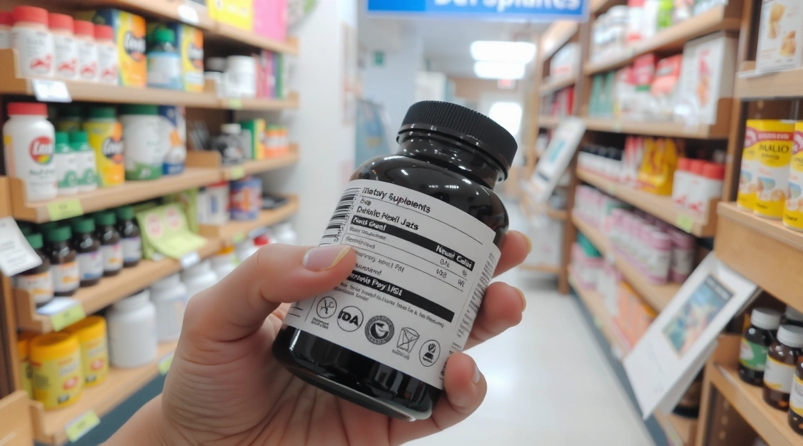 Mână verificând eticheta unui supliment alimentar pentru certificări