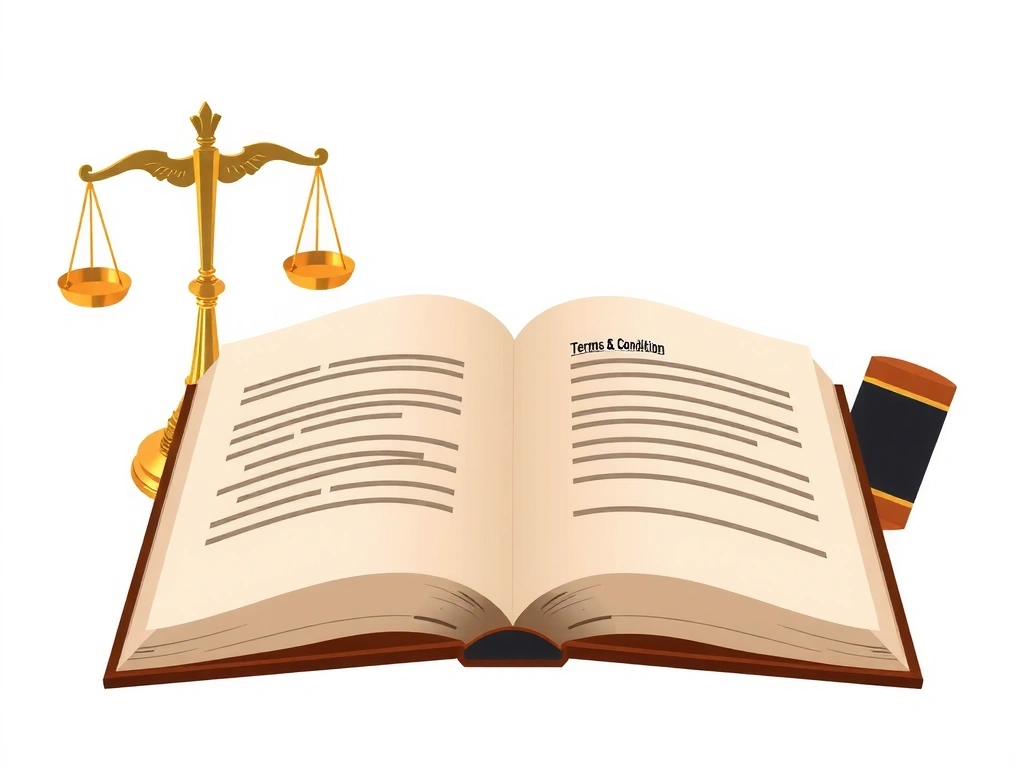 Ilustrație abstractă a unei cărți de termeni și condiții deschise, cu simboluri de dreptate și echitate pe fundal